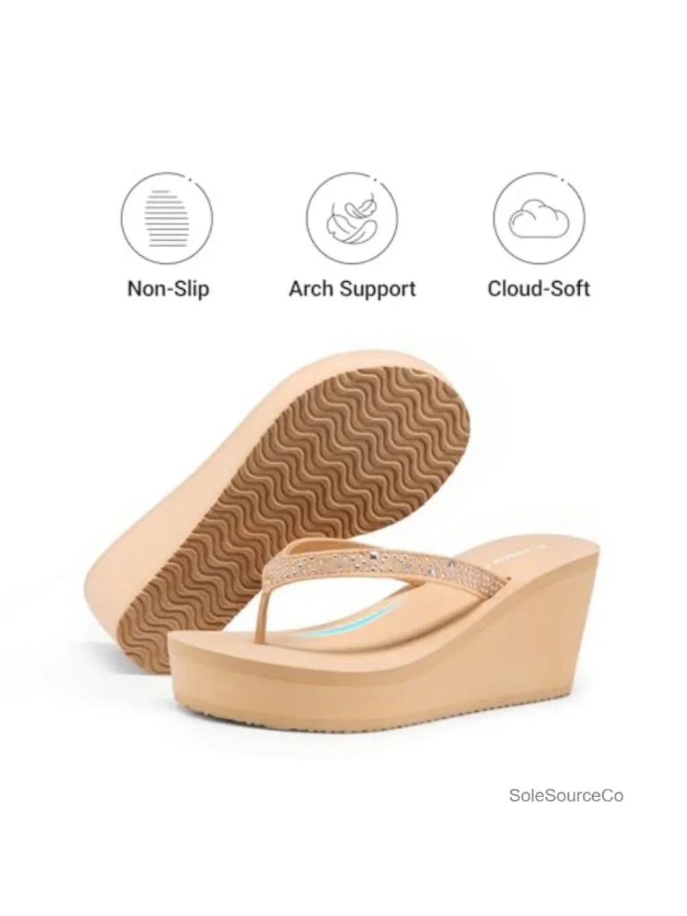 Platform Wedge Flip Flops with Rhinestones, Faux Suede Sandals